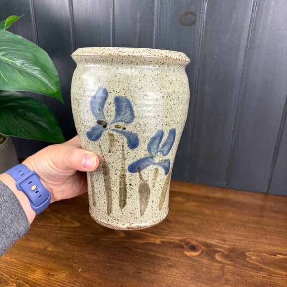 Studio Pottery Vase with Hand-Painted Blue Irises Stoneware Utensil Holder - Picture 6 of 16